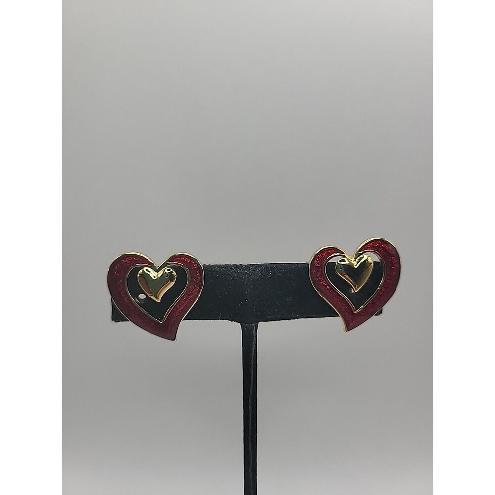 Vintage Gold Tone Red Enamel Heart Clip On Earrings Jewelry